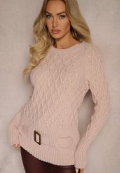 Jasnoróżowy Sweter w Delikatny Splot z Ozdobną Klamrą i Paskiem na Dole Rievea. Czerwone swetry klasyczne damskie Renee, m, z jeansu, bez kołnierzyka. Za 84.99 zł.