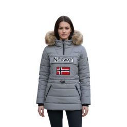 Kurtka zimowa damska Geographical Norway Belinda. Szare kurtki damskie Geographical Norway, na zimę, xl, z aplikacjami, z kapturem. Za 489.44 zł.