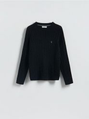 Sweter z warkoczowym splotem - czarny. Czarne swetry męskie Reserved, l, bez wzorów, z bawełny, bez kołnierzyka. Za 139.99 zł.