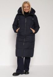 Granatowa Długa Kurtka Pikowana z Kapturem i Bocznymi Suwakami Mevoressa. Niebieskie kurtki damskie Born2be, na zimę, plus size, bez wzorów, z dzianiny, z kapturem. Za 279.99 zł.