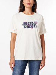 Scotch & Soda Koszulka w kolorze kremowym rozmiar: L. Brązowe bluzki damskie Scotch & Soda, l, z aplikacjami, z bawełny, bez kołnierzyka, bez ramiączek. Za 74.63 zł.
