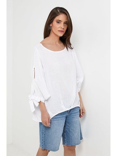 Rodier Lin Lniana bluzka w kolorze białym rozmiar: M/L. Białe bluzki damskie Rodier Lin, l, bez wzorów, ze lnu, bez kołnierzyka, bez ramiączek. Za 158.10 zł.