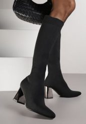 Czarne Eleganckie Kozaki VICES na Metalicznym Obcasie ze Skarpetkową Cholewką Nalaina. Czarne kozaki damskie Renee, bez obcasa, na obcasie. Za 159.99 zł.