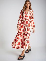 Monki Sukienka w kolorze kremowo-czerwonym rozmiar: XS. Brązowe sukienki damskie Monki, xs, bez wzorów, z wiskozy, bez kołnierzyka, bez ramiączek, maxi. Za 52.79 zł.