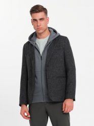 Męska marynarka casual z ozdobnym pinem na klapie - grafitowy melanż V2 - Rozmiar: S. Szare marynarki męskie Ombre Clothing, bez wzorów, z poliesteru. W wyprzedaży za 139.99 zł.