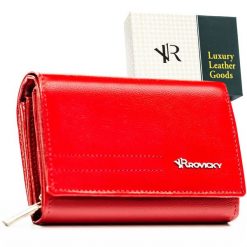 Elegancki, czerwony portfel damski wykonany ze skóry naturalnej - Rovicky. Czerwone portfele damskie bez wzorów, ze skóry. Za 78.01 zł.