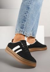 Czarne Sneakersy Tenisówki Ozdobione Paskami i Perforacją Jenadira. Czarne trampki i tenisówki damskie Renee, bez wzorów, z jeansu. Za 74.99 zł.