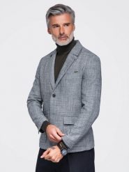 Marynarka męska o kroju REGULAR z lnem - grafitowa V5 - Rozmiar: S. Czarne marynarki męskie Ombre Clothing, bez wzorów, z jeansu. W wyprzedaży za 314.99 zł.
