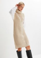 Sukienka dzianinowa z koszulową wstawką. Brązowe sukienki damskie bonprix, bez wzorów, z dzianiny, bez kołnierzyka, bez ramiączek, koszulowe. Za 119.99 zł.