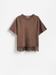 T-shirt z bawełny merceryzowanej - ciemnobrązowy. Brązowe t-shirty damskie Reserved, l, bez wzorów, z bawełny, bez kołnierzyka. Za 89.99 zł.