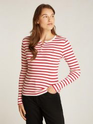 TOMMY JEANS Koszulka w kolorze biało-czerwonym rozmiar: L. Białe bluzki damskie Tommy Jeans, l, bez wzorów, z bawełny, bez kołnierzyka, bez ramiączek. Za 136.45 zł.