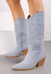 Niebieskie Kozaki na Stożku w Stylu Kowbojek Naures. Niebieskie kozaki damskie Renee, bez obcasa, na obcasie. Za 129.99 zł.