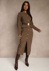 Brązowa Taliowana Sukienka z Eleganckimi Guzikami i Metaliczną Klamrą Espedia. Brązowe sukienki damskie Renee, do pracy, m, bez wzorów, biznesowe, bez kołnierzyka, bez ramiączek, maxi. Za 169.99 zł.