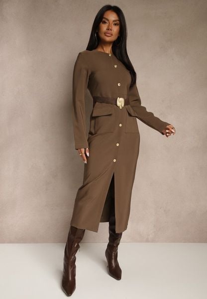 Brązowa Taliowana Sukienka z Eleganckimi Guzikami i Metaliczną Klamrą Espedia. Brązowe sukienki damskie Renee, do pracy, m, bez wzorów, biznesowe, bez kołnierzyka, bez ramiączek, maxi. Za 169.99 zł.