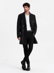 Męski dwurzędowy płaszcz z ozdobnymi guzikami – czarny V2 OM-COWC-0109 - XXL. Czarne płaszcze męskie Ombre Clothing, l, bez wzorów, z materiału, eleganckie. Za 299.99 zł.