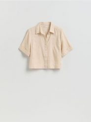 Lniana koszula - beżowy. Brązowe koszule damskie Reserved, l, bez wzorów, bez kołnierzyka, bez ramiączek. Za 129.99 zł.