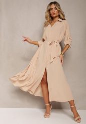 Beżowa Casualowa Sukienka Koszulowa na Guziki z Kieszeniami Jezebel. Brązowe sukienki damskie Renee, na spotkanie biznesowe, l, bez wzorów, eleganckie, bez kołnierzyka, bez ramiączek, maxi, koszulowe. W wyprzedaży za 119.99 zł.