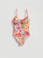 Jednoczęściowy strój plażowy - pomarańczowy. Brązowe stroje jednoczęściowe damskie Reserved, bez wzorów. Za 129.99 zł.