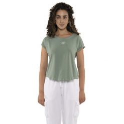 Koszulka z bawełna na co dzień na siłownię. Zielone t-shirty damskie LEONE 1947 APPAREL, bez wzorów, z bawełny, bez kołnierzyka. W wyprzedaży za 67.30 zł.