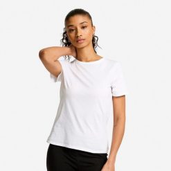 Koszulka z krótkim rękawem damska Domyos Gym & Pilates 100. Białe topy sportowe damskie DOMYOS, xl, bez wzorów, z bawełny, bez ramiączek. Za 19.99 zł.