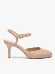 Beżowe czółenka slingback bez pięty ze skóry licowej. Brązowe czółenka damskie Ryłko, z aplikacjami, z gumy, z okrągłym noskiem, bez obcasa, na obcasie. Za 379.99 zł.