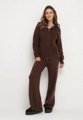 Brązowy Komplet z Wełną i Bawełną Szerokie Spodnie i Rozpinana Bluzka z Kapturem Reikania. Brązowe spodnie materiałowe damskie Born2be, bez wzorów, z bawełny, casualowe. Za 139.99 zł.