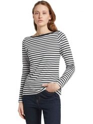 TOM TAILOR Denim Koszulka w kolorze granatowo-białym rozmiar: L. Białe bluzki damskie Tom Tailor Denim, l, bez wzorów, z bawełny, bez kołnierzyka, bez ramiączek. Za 76.95 zł.