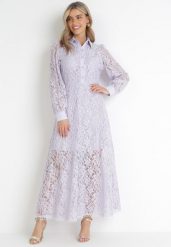 Fioletowa Koronkowa Sukienka Maxi z Ozdobnym Kołnierzem z Cyrkoniami Abena. Fioletowe sukienki damskie Born2be, l, bez wzorów, z koronki, bez kołnierzyka, bez ramiączek, maxi, koszulowe. Za 219.99 zł.