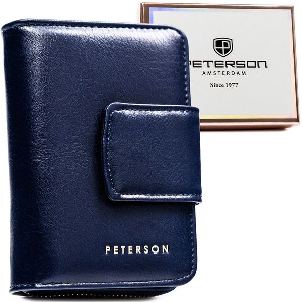 Granatowy portfel damski ze skóry ekologicznej z systemem RFID - Peterson. Niebieskie portfele damskie Peterson, bez wzorów, ze skóry ekologicznej. Za 57.99 zł.