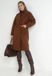 Brązowy Płaszcz Dwurzędowy Długi Swane. Brązowe płaszcze damskie Born2be, l, bez wzorów, eleganckie. Za 199.99 zł.