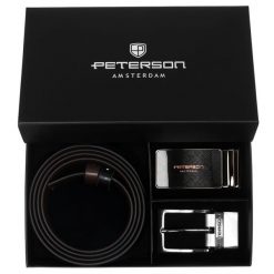 Zestaw prezentowy: dwustronny pasek skórzany w brązowym i czarnym kolorze z dwoma wymiennymi klamrami Peterson PTN KL-B001S001. Brązowe paski męskie Peterson, bez wzorów, ze skóry, eleganckie. Za 139.99 zł.