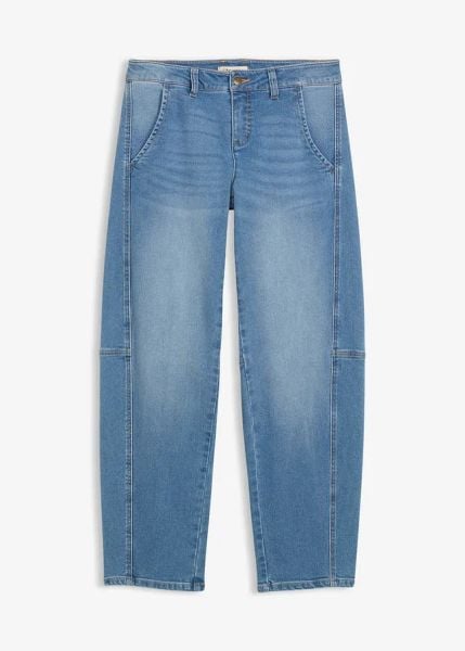 Dżinsy o kroju barrel, średni stan. Niebieskie jeansy damskie bonprix. Za 69.99 zł.