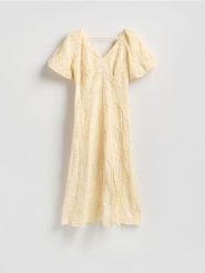 Bawełniana sukienka z haftem - jasnożółty. Żółte sukienki damskie Reserved, l, bez wzorów, z bawełny, bez kołnierzyka, bez ramiączek. Za 249.99 zł.
