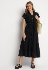 Czarna Wiskozowa Sukienka o Rozkloszowanym Kroju z Wiązanym Paskiem Jaselna. Czarne sukienki damskie Born2be, na co dzień, na lato, m, bez wzorów, ze skóry, eleganckie, bez kołnierzyka, bez ramiączek, midi, rozkloszowane. W wyprzedaży za 127.99 zł.