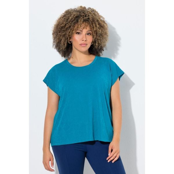 Damskie Bluzka devore oversize okrągły dekolt bez rękawów. Niebieskie bluzki sportowe damskie Ulla Popken, plus size, bez wzorów, z bawełny, bez ramiączek. Za 199.99 zł.