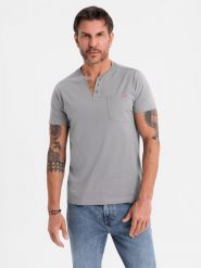 Męski t-shirt z dekoltem na guziki i zamszowym wykończeniem – szary V3 OM-TSCT-0206 - XXL. Szare t-shirty męskie Ombre Clothing, l, bez wzorów, z bawełny, bez kołnierzyka. Za 77.99 zł.