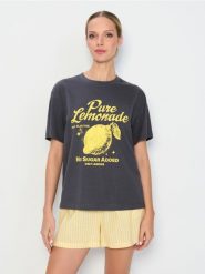 Bawełniana koszulka z motywem cytryny - szary. Szare t-shirty damskie Sinsay, l, bez wzorów, z bawełny, bez kołnierzyka. Za 25.99 zł.
