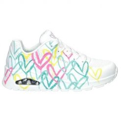Buty do chodzenia damskie Skechers Uno Changed Love. Białe buty sportowe na co dzień damskie Skechers, bez wzorów, z materiału, trekkingowe. Za 462.00 zł.