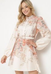 Beżowa Kwiatowa Rozkloszowana Sukienka Ozdobiona Paskiem Nolavia. Brązowe sukienki damskie Born2be, na co dzień, m, bez wzorów, eleganckie, bez kołnierzyka, bez ramiączek, mini, proste. W wyprzedaży za 175.99 zł.