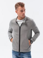 Bluza męska rozpinana ze stójką - szary melanż V6 OM-SSZP-22FW-005 - S. Szare bluzy bez kaptura męskie Ombre Clothing, m, z bawełny. W wyprzedaży za 59.99 zł.