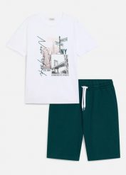 T-shirt i krótkie spodnie (komplet 2-cz.). Białe spodnie materiałowe męskie bonprix, m, bez wzorów, z bawełny, bez kołnierzyka. Za 124.99 zł.