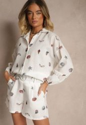 Biały Komplet z Wiskozą Koszula i Szorty w Morski Print Reisoria. Białe koszule damskie Renee, bez wzorów, z materiału, eleganckie. Za 129.99 zł.