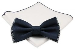 Ciemnogranatowa Mucha z Białą Poszetką -CHATTIER- Męska, z Podbiciem Geometrycznym. Niebieskie krawaty i muchy męskie Chattier, bez wzorów, eleganckie. Za 59.00 zł.
