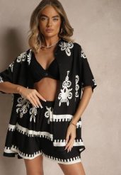 Czarny Komplet z Rustykalnym Wzorem z Szortami i Koszulą Tosnea. Czarne koszule damskie Renee, na lato, m, bez wzorów, eleganckie, bez kołnierzyka, bez ramiączek. Za 84.99 zł.