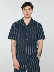 Koszula męska z domieszką lnu w biały prążek granatowa Gofriso 403. Niebieskie koszule męskie Big Star, l, bez wzorów, bez kołnierzyka, bez ramiączek. Za 199.99 zł.