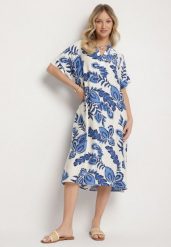 Niebieska Sukienka z Wiskozą i Lnem Pudełkowa z Kieszeniami w Kwiatowy Wzór Boho Natundelia. Niebieskie sukienki damskie Born2be, na co dzień, l, bez wzorów, z jeansu, boho, bez kołnierzyka, bez ramiączek, midi. W wyprzedaży za 71.99 zł.