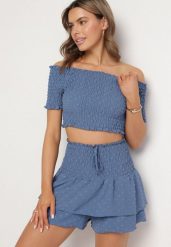 Niebieski Komplet Top w Stylu Hiszpanki i Spódnico-Szorty z Gumką Quillatta. Niebieskie szorty damskie Born2be, bez wzorów, z materiału. Za 49.99 zł.