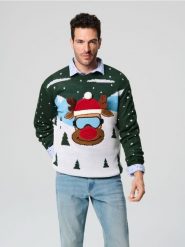 Sweter z motywem świątecznym - zielony. Zielone swetry męskie Sinsay, l, bez wzorów, bez kołnierzyka. Za 69.99 zł.