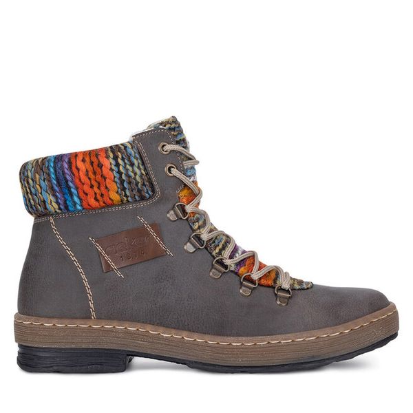 Trzewiki Rieker. Szare botki damskie Rieker, bez obcasa, na płaskiej podeszwie, bez zapięcia. Za 258.99 zł.