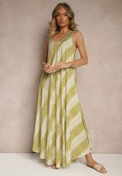 Zielona Rozkloszowana Sukienka z Geometrycznym Wzorem Lumire. Zielone sukienki damskie Renee, na spotkanie biznesowe, xl, z aplikacjami, eleganckie, bez kołnierzyka, bez ramiączek, maxi, rozkloszowane. W wyprzedaży za 52.49 zł.
